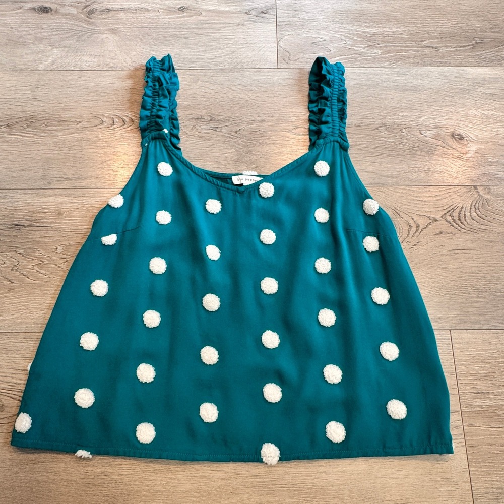 Blu Pepper Pom Pom Tank‎ Top Sleeveless Casual Summer Teal Top Size Large L
